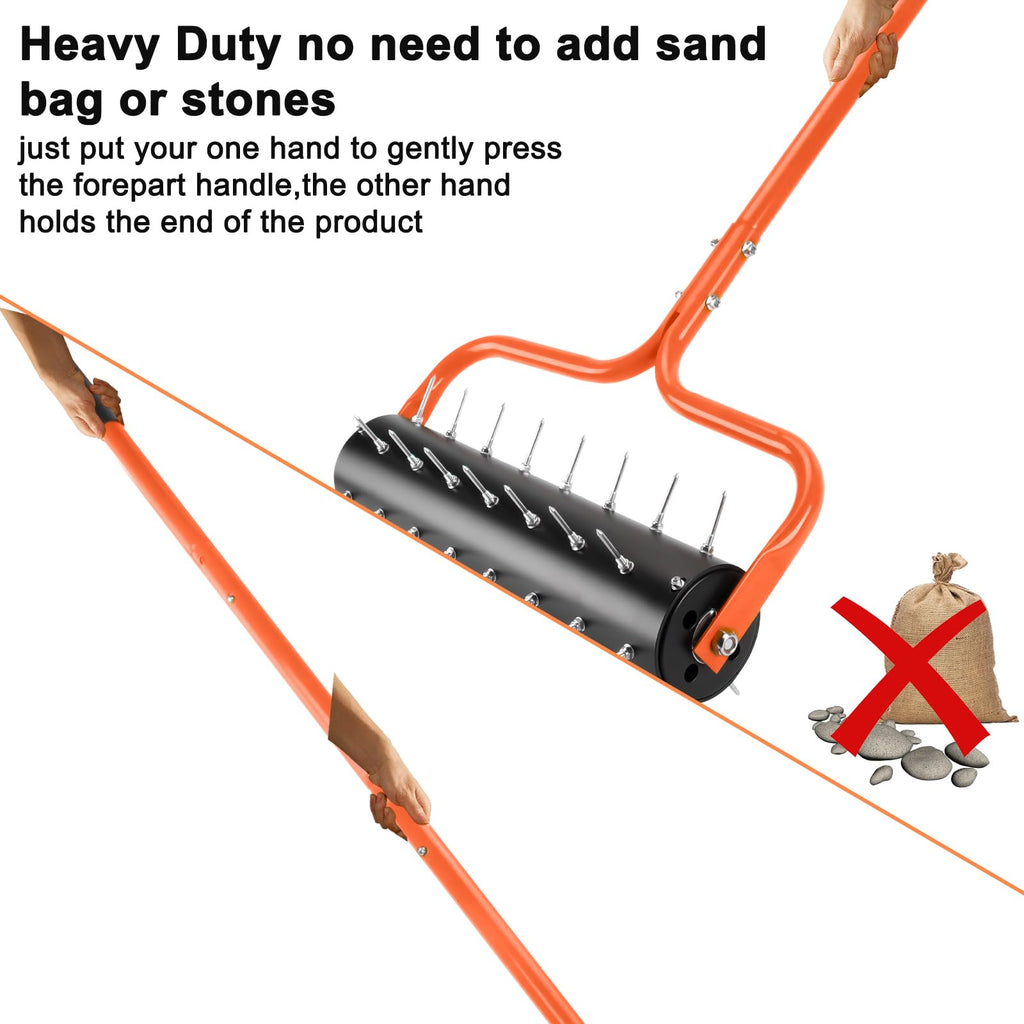Senjoys 21" Rolling Lawn Aerator, 45 Preassembled Spikes, Only Needs 3-5 Minutes to Assemble, No Looseness, Good Package, 75" Long Handle with Quick Clip Connections, U-Shape Construction - Orange.