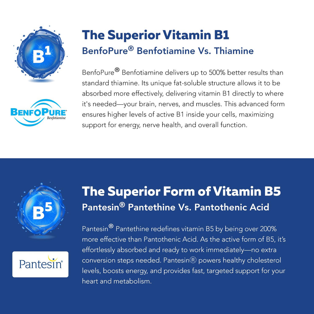 BioActive Vitamin B Complex - Blood Stream Ready, Methylated B Complex - Featuring Methylfolate, 3 BioActive Forms of B12, BenfoPure® B1 & Pantesin® B5 - 12 B Vitamins in Clinical Doses - 60 Servings