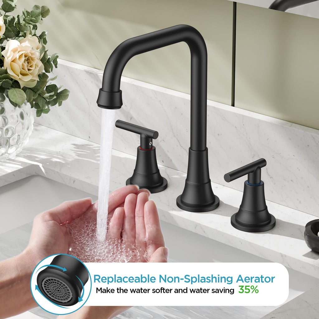 FORIOUS Black Bathroom Faucet for Sink 3 Hole,Widespread Matte Black Bathroom Sink Faucets,2 Handles RV Bathroom Faucets Vanity with Pop Up Drain and Supply Hoses