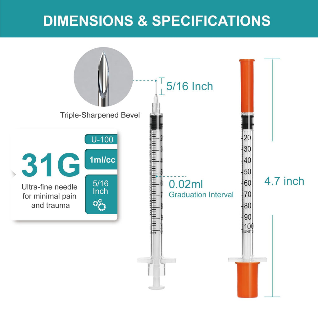 U-100 syringes with needle - 1ml 31G ( 31 gauge ) 5/16 inch syringe
