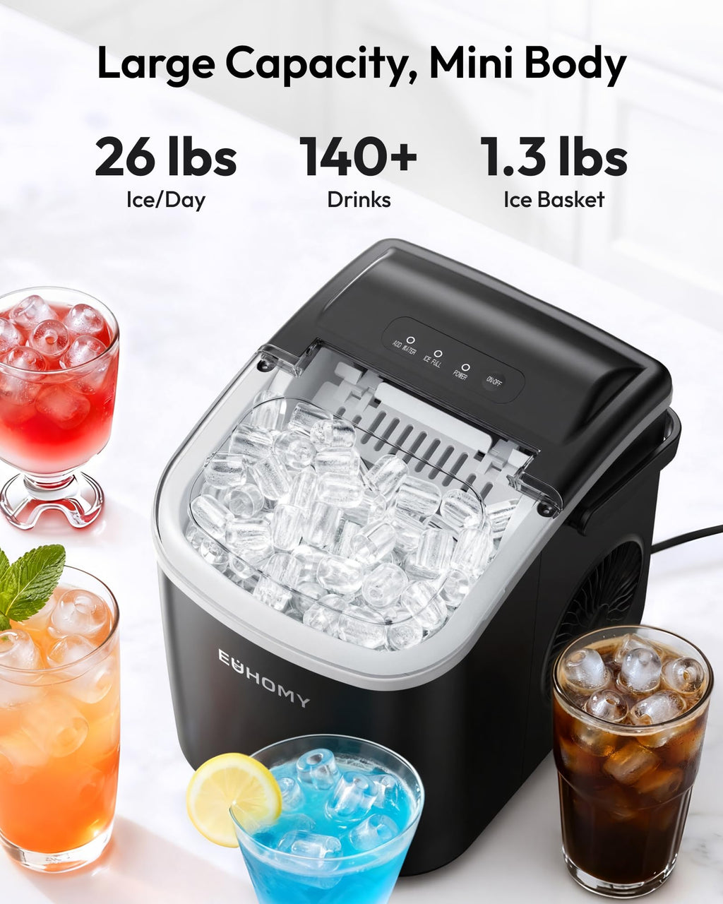 EUHOMY Countertop Ice Maker Machine with Handle, 26lbs in 24Hrs, 9 Ice Cubes Ready in 6 Mins, Auto-Cleaning Portable Ice Maker with Basket and Scoop, for Home/Kitchen/Camping/RV. (Black)