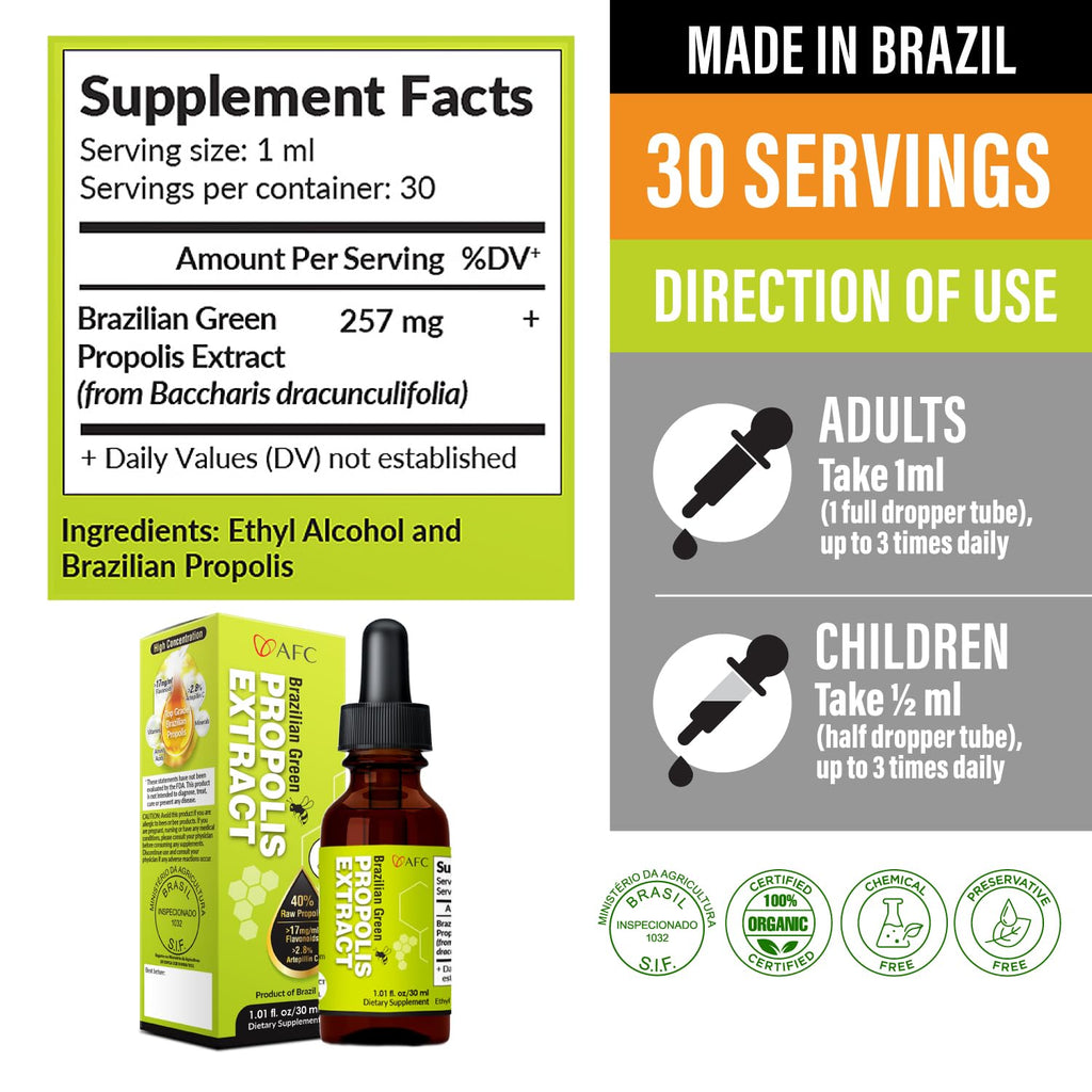 AFC Japan Brazilian Green Propolis Extract | Highest Artepilin C & Flavonoids for Antioxidant & Immune Support Pure Concentrated Liquid Extract Bee Propolis Tincture from Brazil (30ml/ 1Fl.Oz)