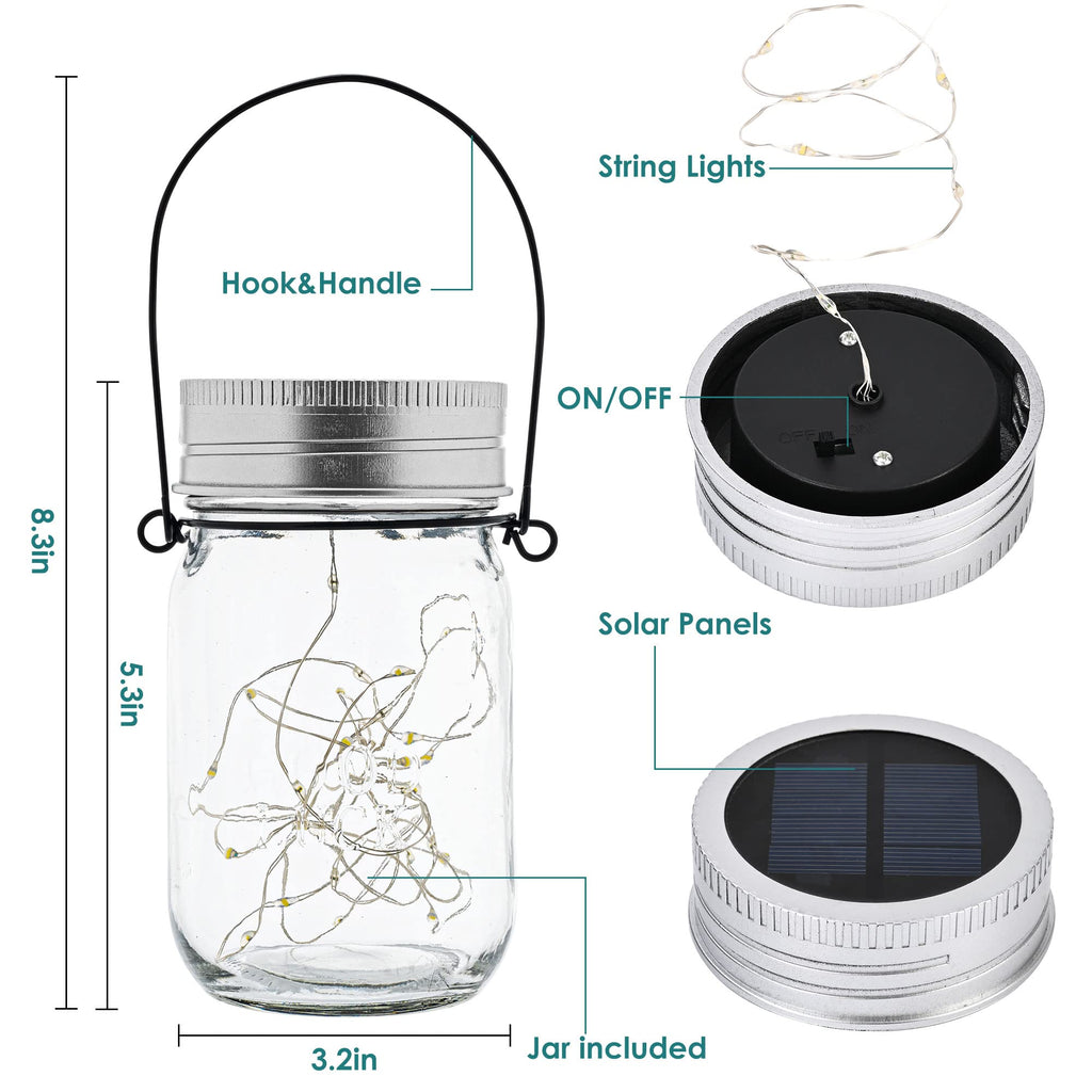 GIGALUMI Hanging Mason Jar Solar Lights, 6 Pack 30 Led Hanging Solar Lanterns Outdoor Waterproof, Hangers and Jars Included, Outdoor Decor for Balcony, Garden, Patio, Yard, Wedding
