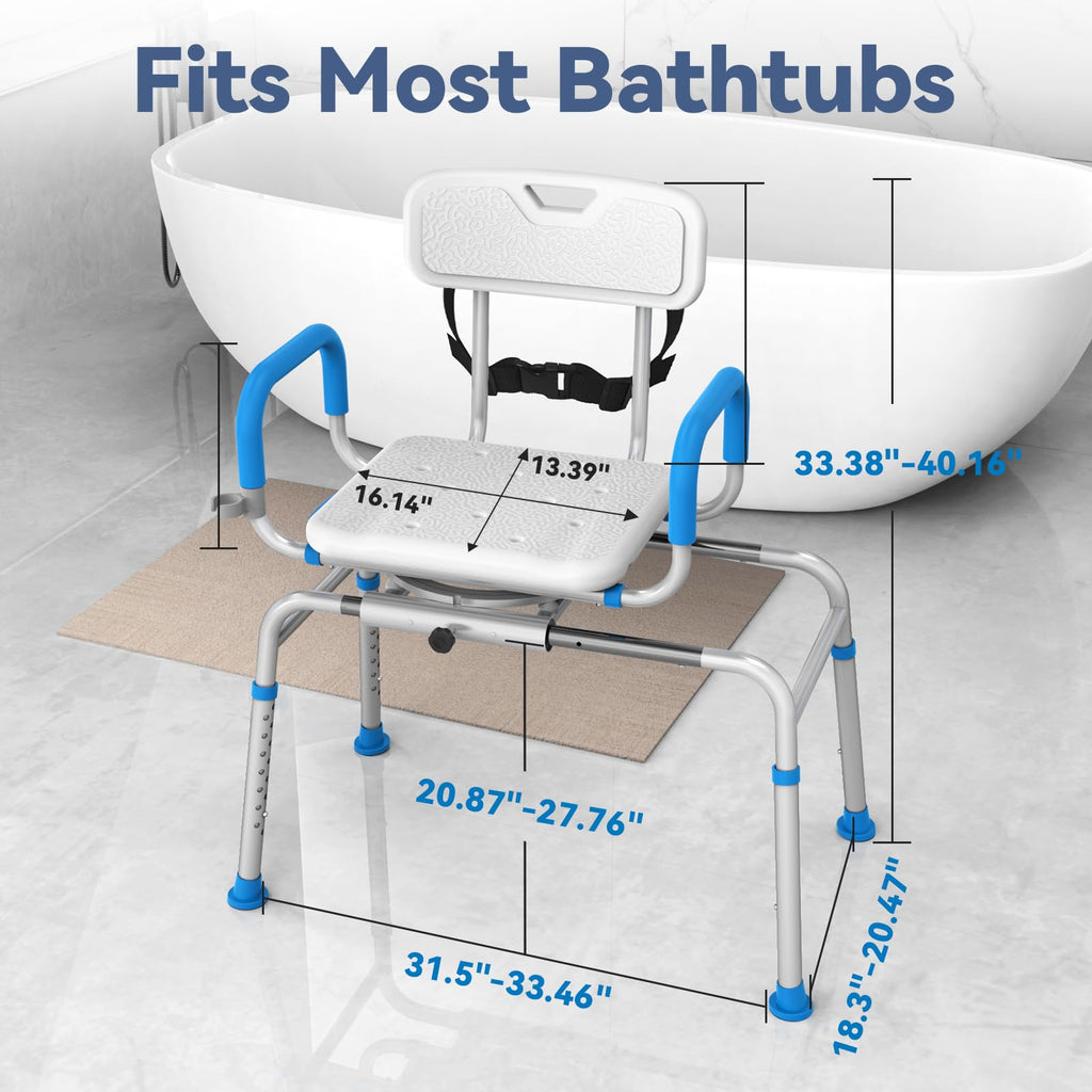 Loyoda FSA/HSA Eligible Sliding Shower Chair Tub Transfer Bench for Bathtub with Swivel Seat, Shower Bench with Pivoting Arms, Height Adjustable Shower Seat, 350 lbs,White&Blue,Standard