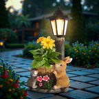 Solar Bunny Statue Outdoor, Rabbits Figurine with Flowerpot & Lantern