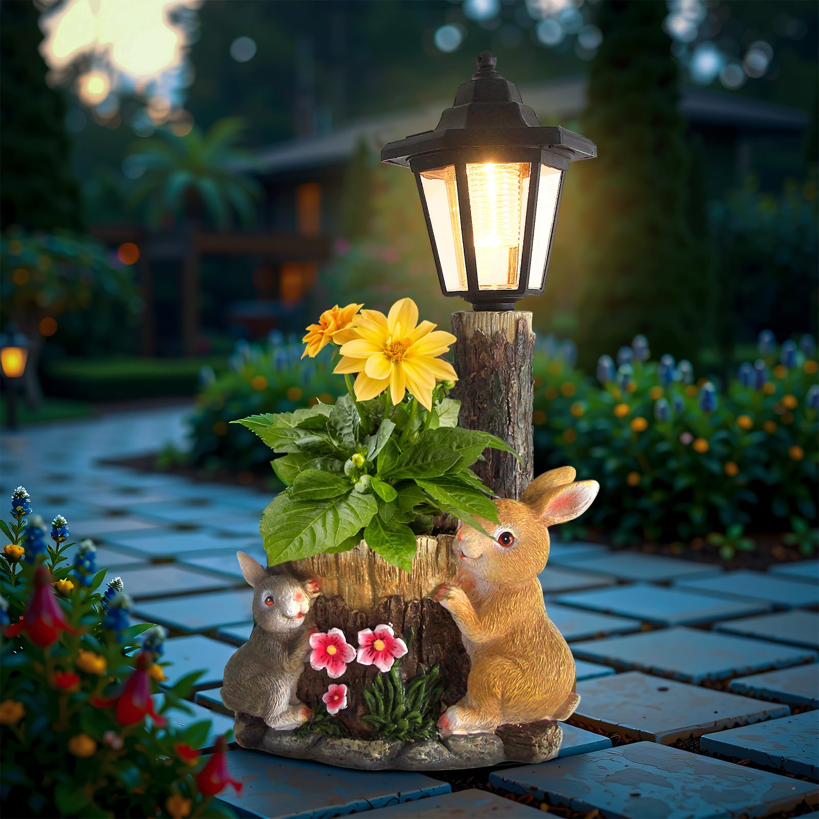Solar Bunny Statue Outdoor, Rabbits Figurine with Flowerpot & Lantern