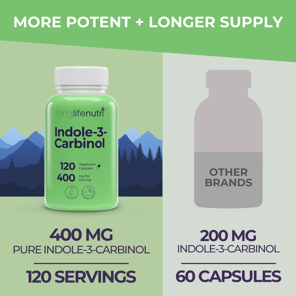 LongLifeNutri Indole-3-Carbinol 400mg - 120 Vegeterian Capsules, 4-Month Supply, Organic Supplement for Hormone Balance & Cellular Health, Lab Tested, Made in USA