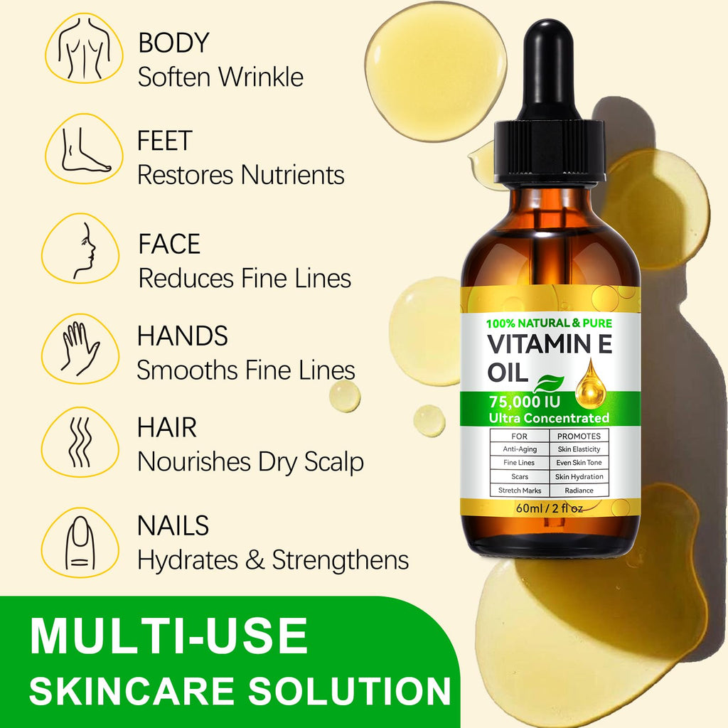 2 Pack Vitamin E Oil, 75,000 IU Organic Pure Vitamin E Oil for Tightening Plump Skin, Reduce Fine Lines & Scars, Moisturizing Skin, Face & Full Body