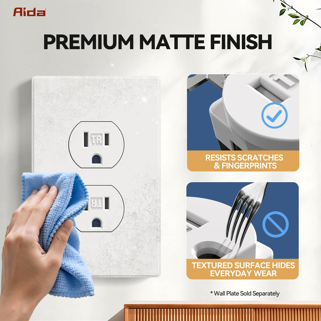 AIDA 10 Pack Matte White 15 Amp Outlet Duplex Electrical Receptacle Outlets,Power Outlet,Tamper Resistant,Heavy-Duty Receptacle, 2 Pole,3-Wire, Self-Grounding Clip, NEMA 5-15R,UL Listed