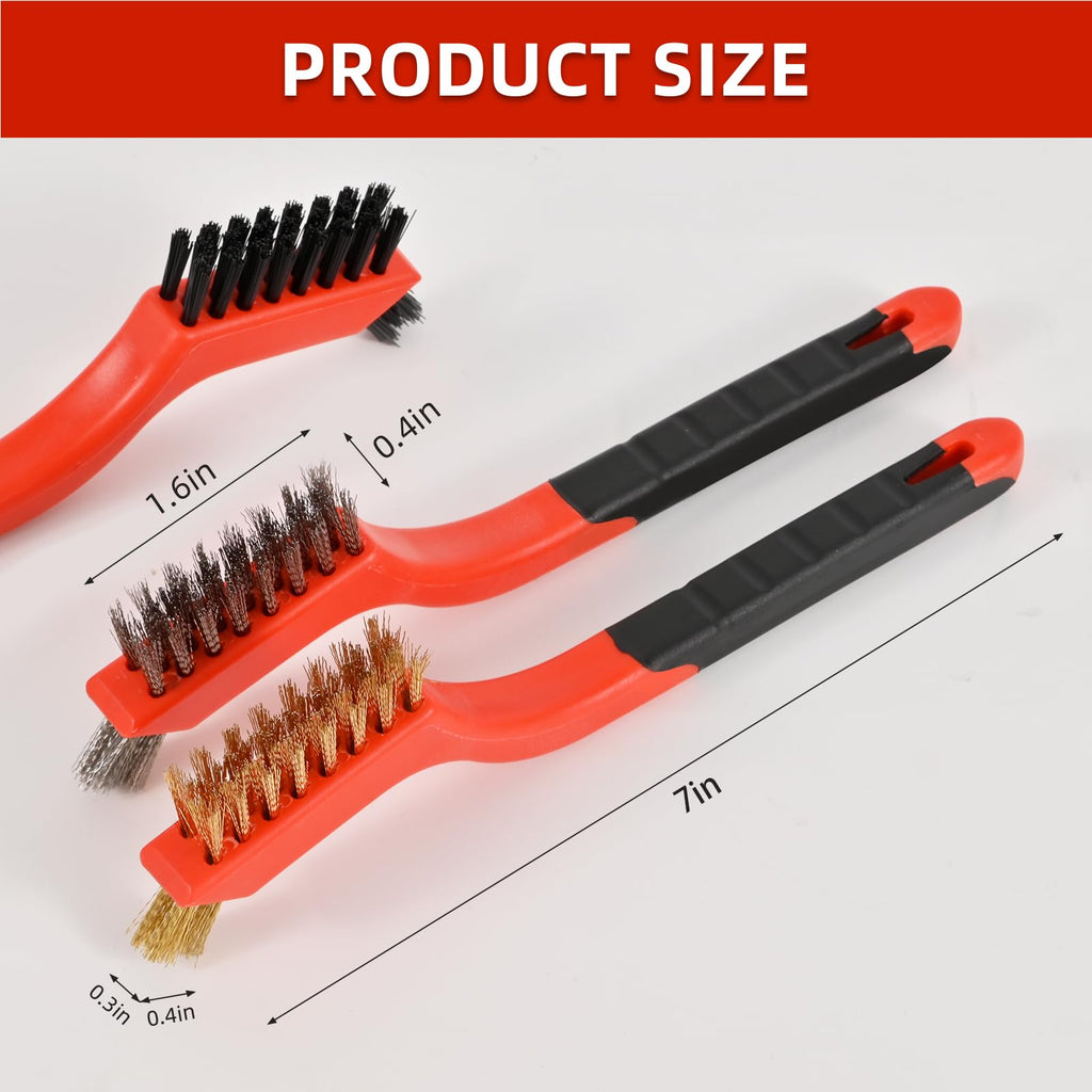 3PCS Wire Brushes for Cleaning Rust, Nylon, Brass & StainlessSteel Bristles