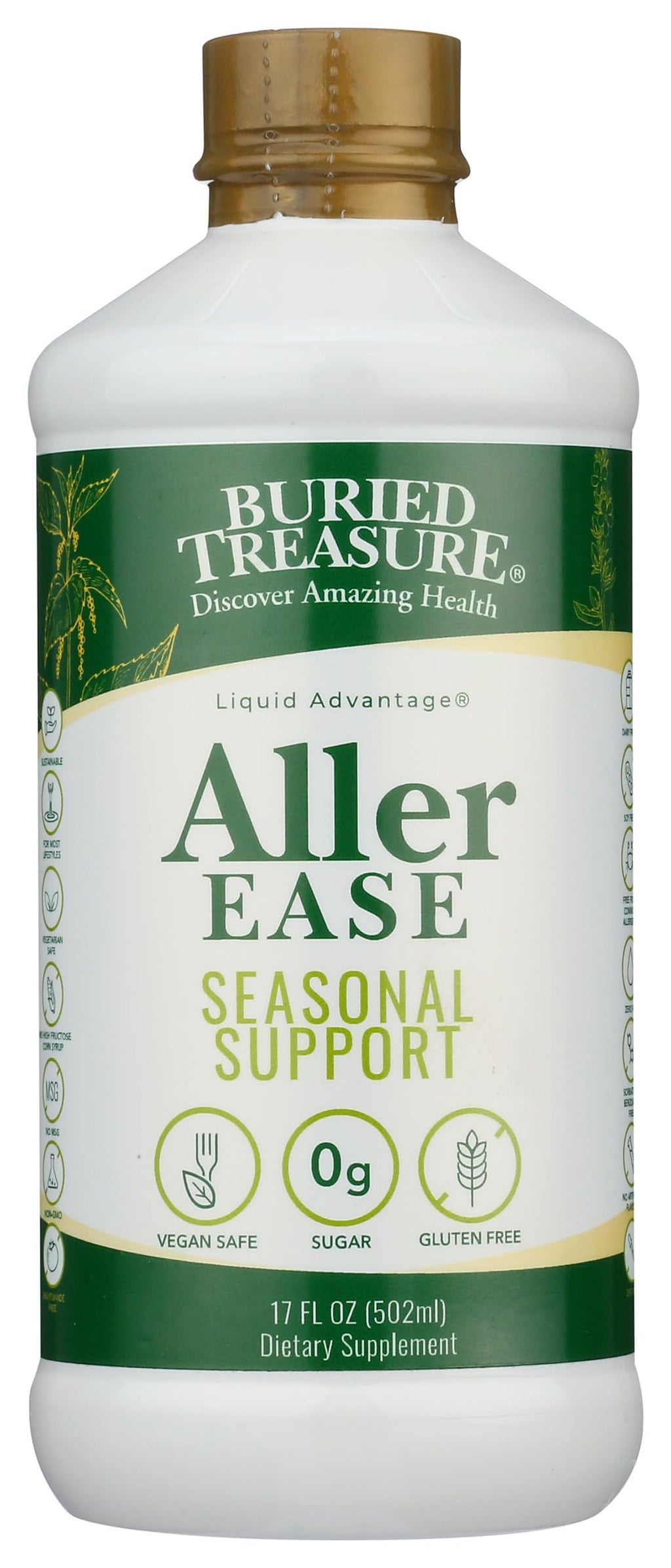 Buried Treasures Aller Ease - 16 fl oz. Liquid Supplement w/ Quercetin, Bromelain, Mullein, Supports Immune, Sinus Comfort, Non-Drowsy Herbal Formula