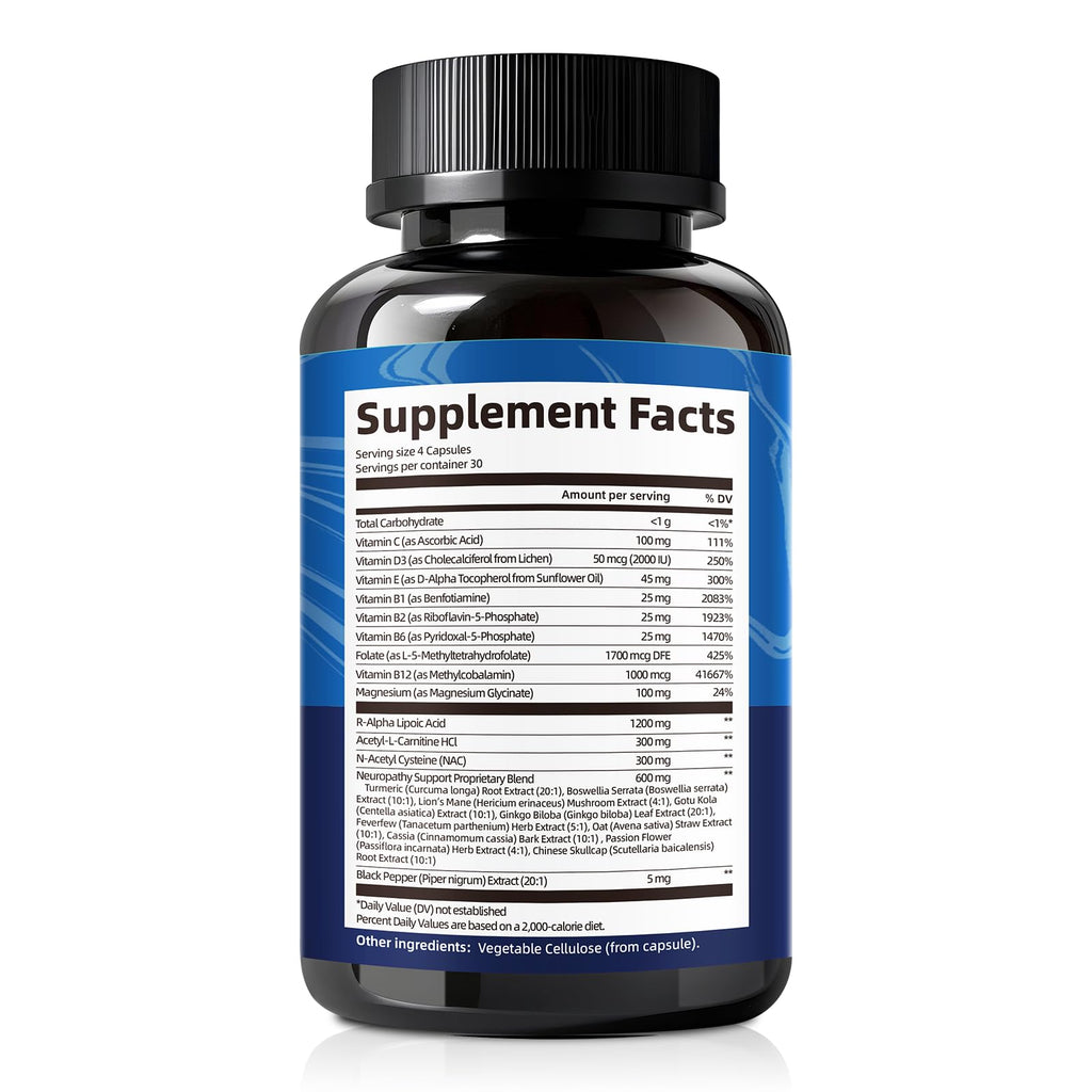 Nerve & Peripheral Neuropathy Support Supplement with 1200mg R-Alpha Lipoic Acid L-Carnitine Vitamin B12 B1 B6 D3 E Folate Lions Mane NAC Magnesium Turmeric - Liver Detox, Antioxidant & Mental Support