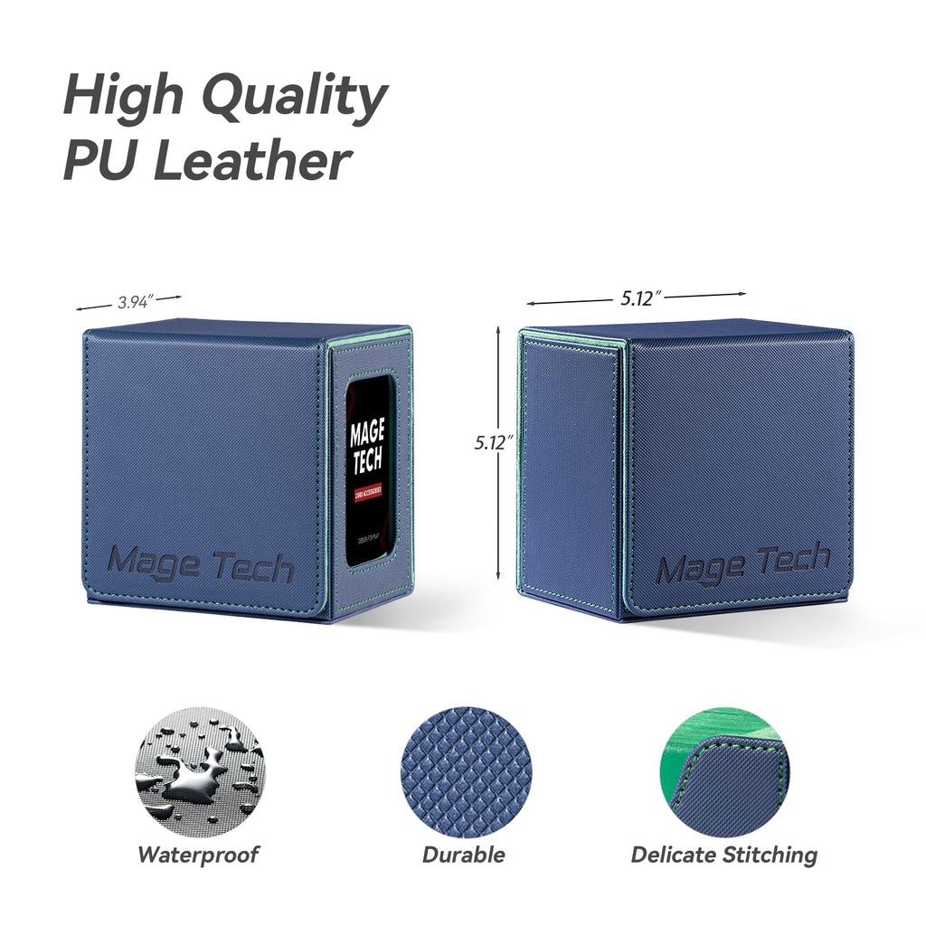 Mage Tech Card Deck Box for MTG Commander - Patented Design, Commander Display, Fits 100 Double-Sleeved Cards, 35pt Card Brick & Dice Tray - Blue/Green