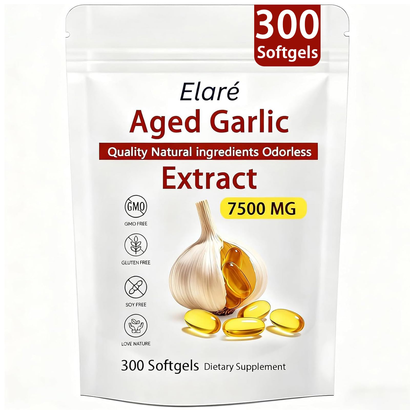 Elare Aged Garlic Extract – 300 Count 7500mg Odorless Organic Garlic Supplement for Heart & Immune Support – Vegetarian, Non-GMO, All-Natural Softgels, 2-Year Matured for Antioxidant Wellness (1)
