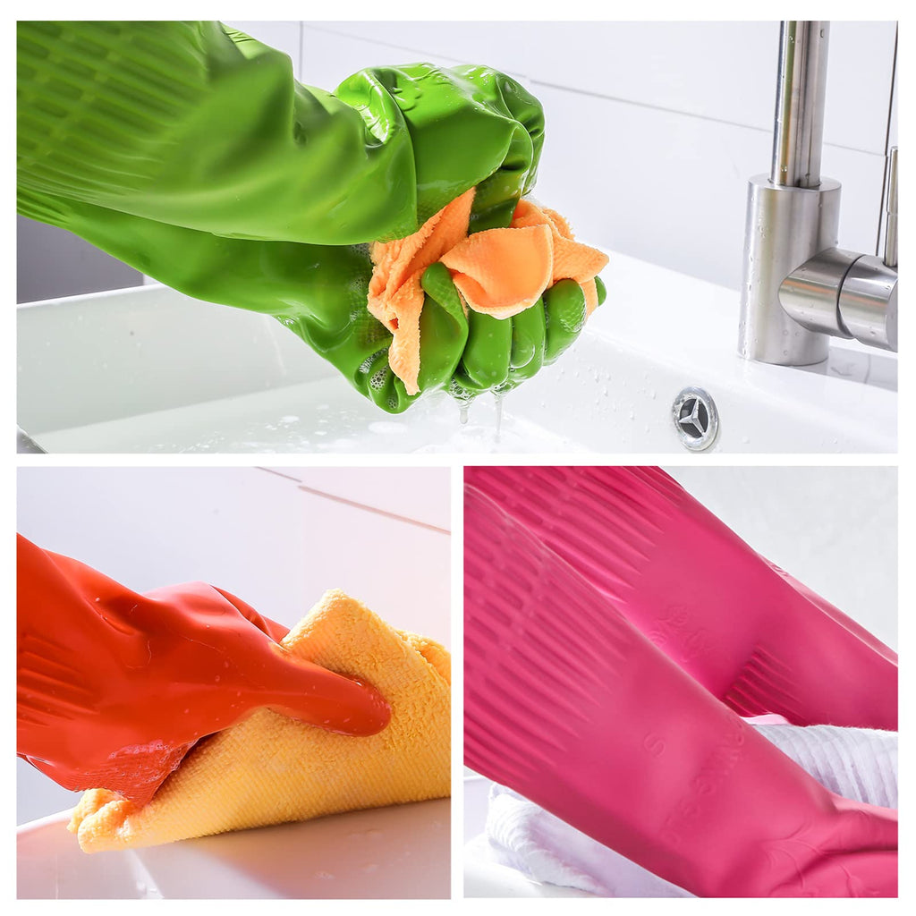IUCGE Rubber dishwashing gloves 6 Pairs for kitchen,Cleaning washing dish gloves long for household reuseable durable.(Large,Multicolor)