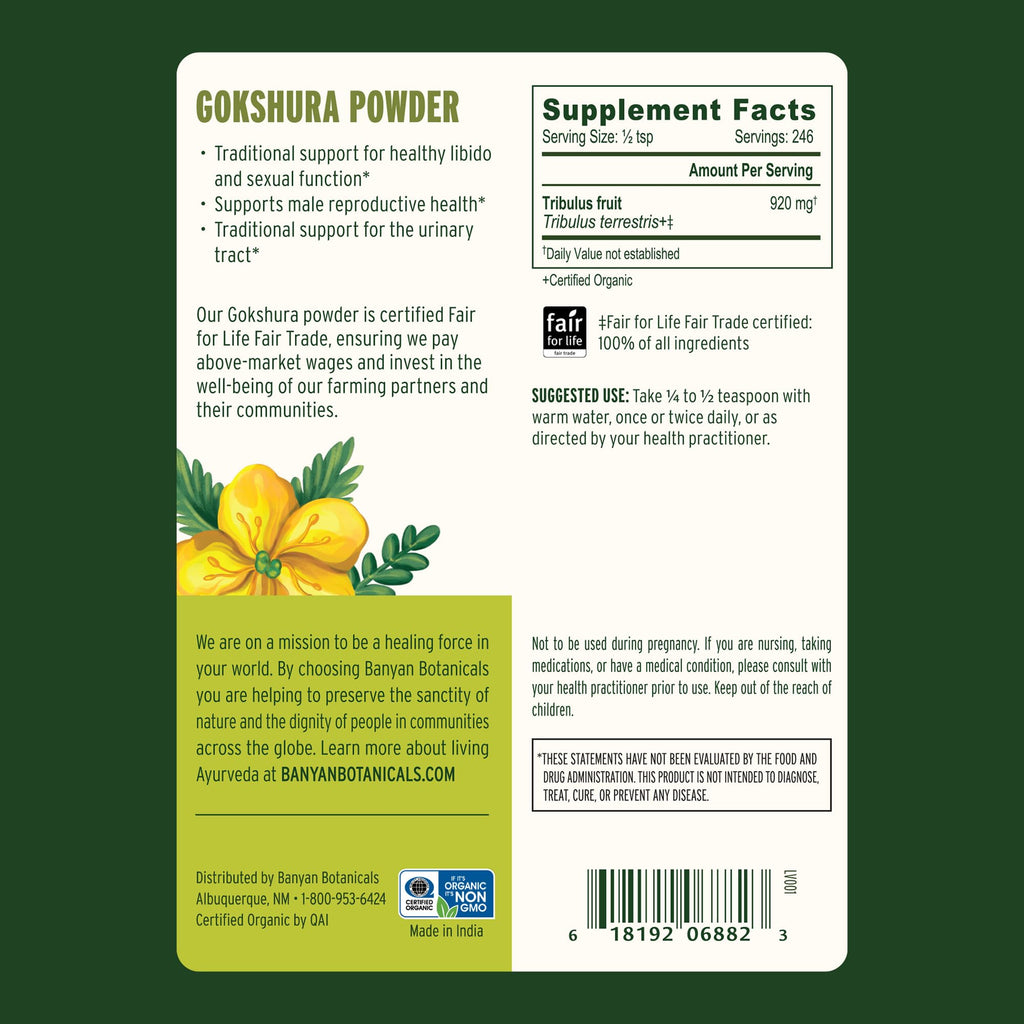 Banyan Botanicals Gokshura Powder – Organic Gokshura Fruit (Tribulus Terrestris) Powder – Men's Vitality Supplement – Supports Urinary Health* – ½ lb. – Non-GMO Sustainably Sourced Vegan