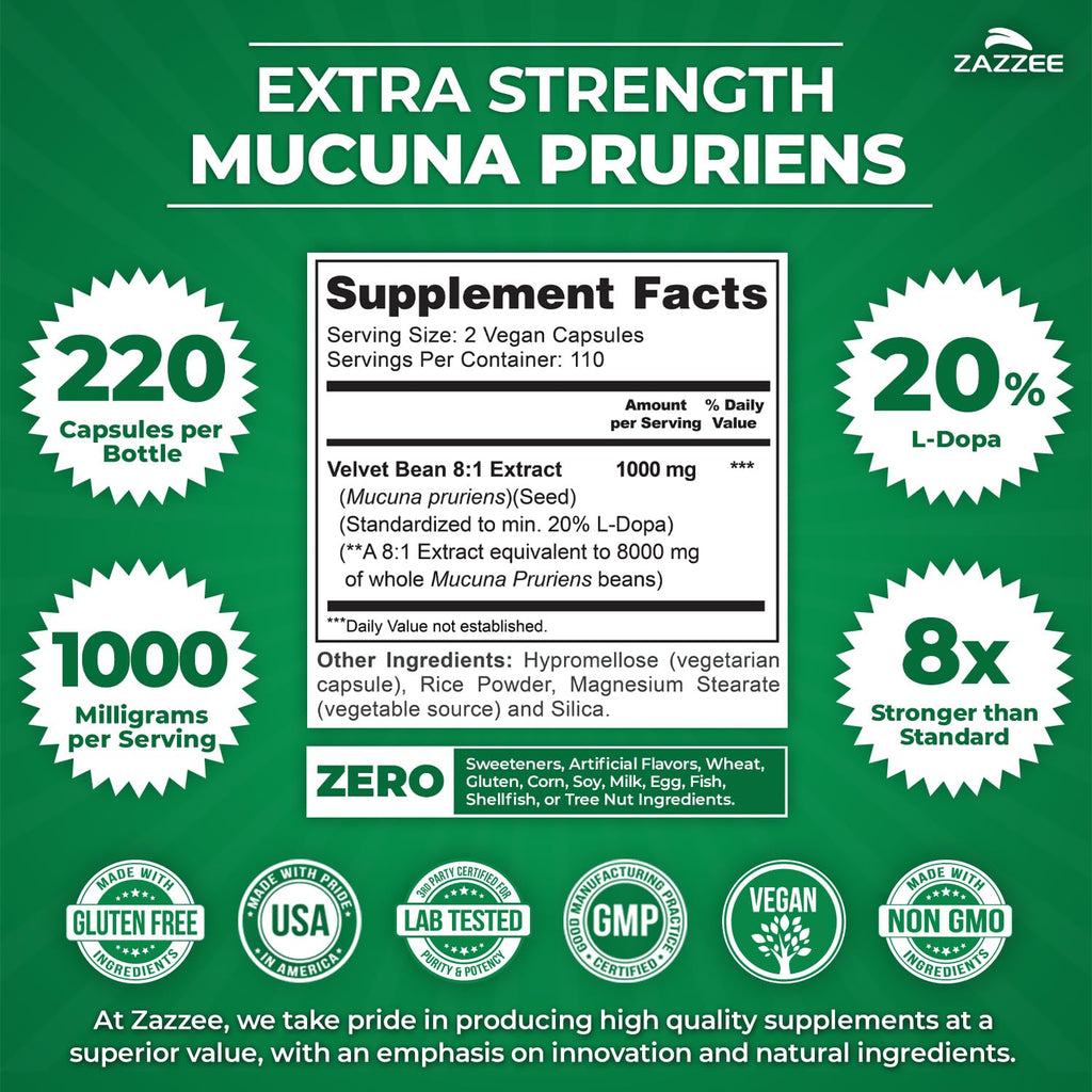 Zazzee Extra Strength Mucuna Pruriens 8:1 Extract, Minimum 20% L-Dopa, 1000 mg, 220 Vegan Capsules, 110 Day Supply, Concentrated and Standardized 8X Extract, 100% Vegetarian, All-Natural and Non-GMO