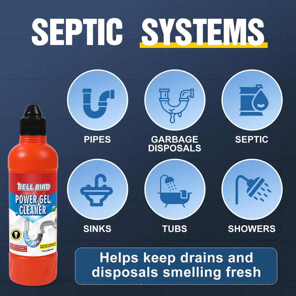 Bell Bird Drain Clog Remover & Pipe Cleaner - Thick Power Gel Dissolves Hair, Grease, and Soap Scum - Septic Safe Odor Eliminator for Kitchen Sinks, Tubs, Showers & Toilets (Pack of 4)