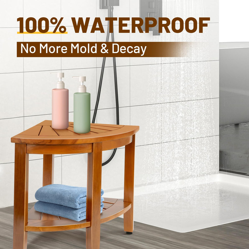 MRTEAK 18" Premium Teak Corner Shower Bench with Shelf, Solid Teak Shower Stool, Durable Waterproof Wooden Seat for Inside Shower, Teak Wood Bench for Bathroom, Indoor & Outdoor Use