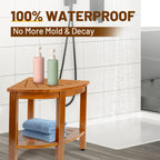 MRTEAK 18" Premium Teak Corner Shower Bench with Shelf, Solid Teak Shower Stool, Durable Waterproof Wooden Seat for Inside Shower, Teak Wood Bench for Bathroom, Indoor & Outdoor Use