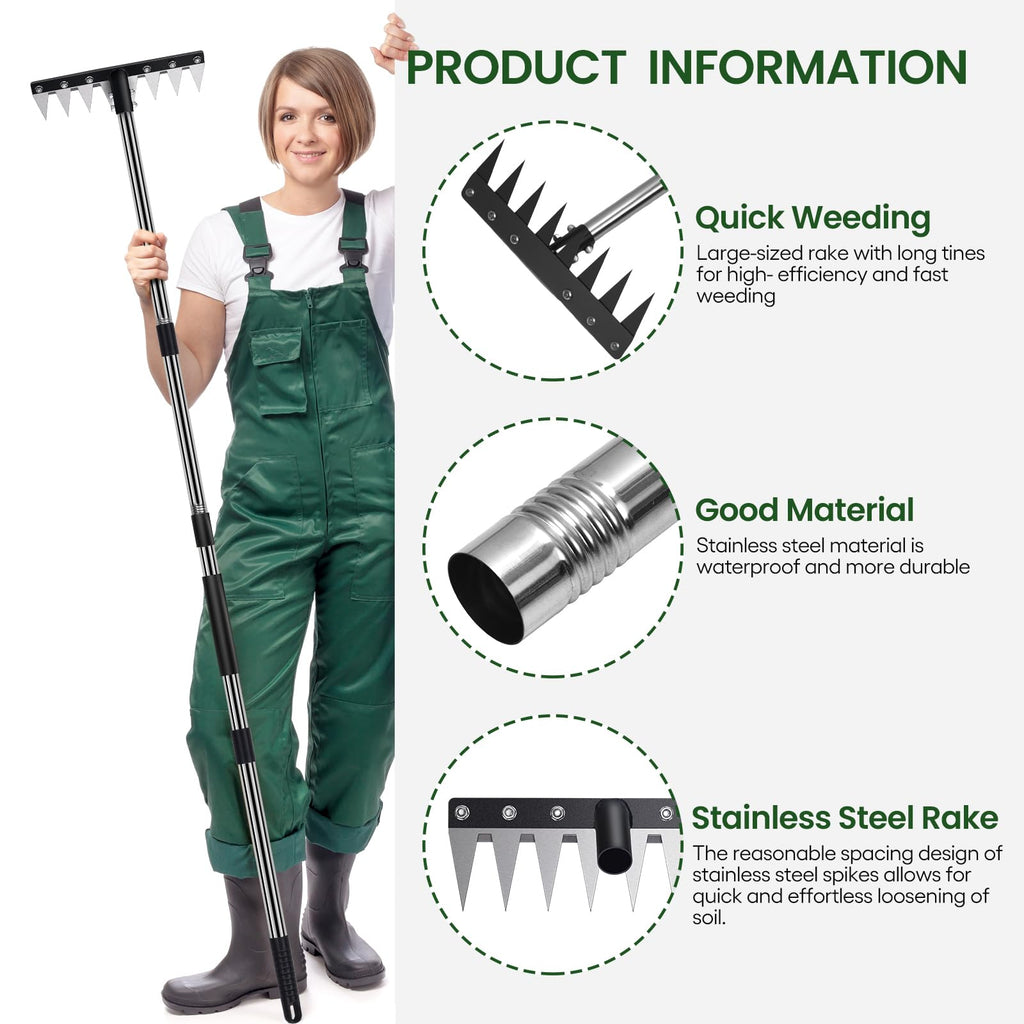 Garden Weed Pulling Tool with Long Handle, Garden Hoe and Weed Rake