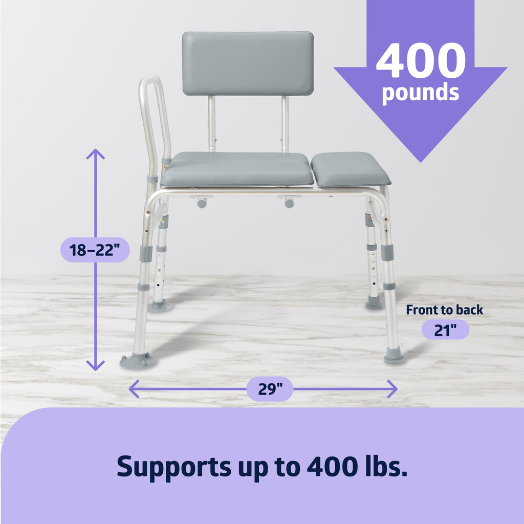 Medline Padded Transfer Bench for Bathtub and Shower, Height Adjustable, Slip-Resistant Legs, Rust-Resistant, Side Arm & Back Rest for Extra Support, 400 lb. Weight Capacity, Tool-Free Assembly