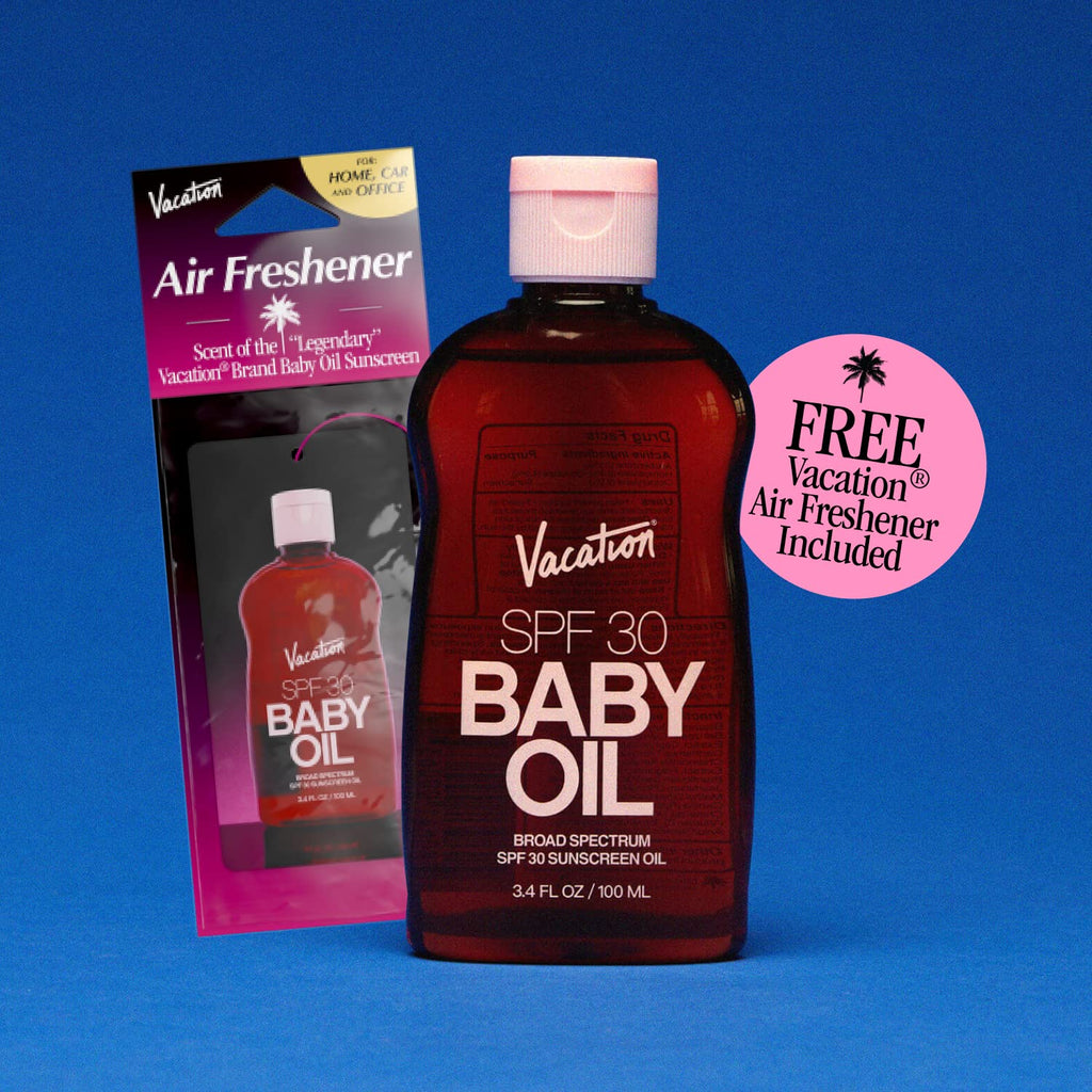 Vacation Baby Oil SPF 30 & Air Freshener Bundle, Hydrating & Nourishing, Mineral-Oil Free, Lightweight Formula, Transparent On All Skin Tones, Travel Size Sunscreen, 3.4 Fl. Oz.