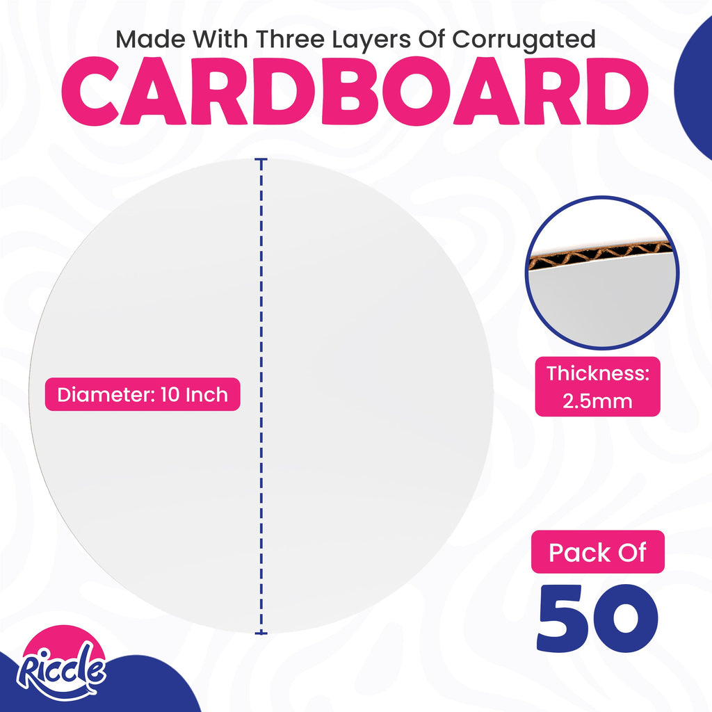 Riccle Cake Boards 10 Inch Round Pack of 50- Smooth Edged 10" Board, Disposable - Sturdy - White Cardboard Circles -Food Grade
