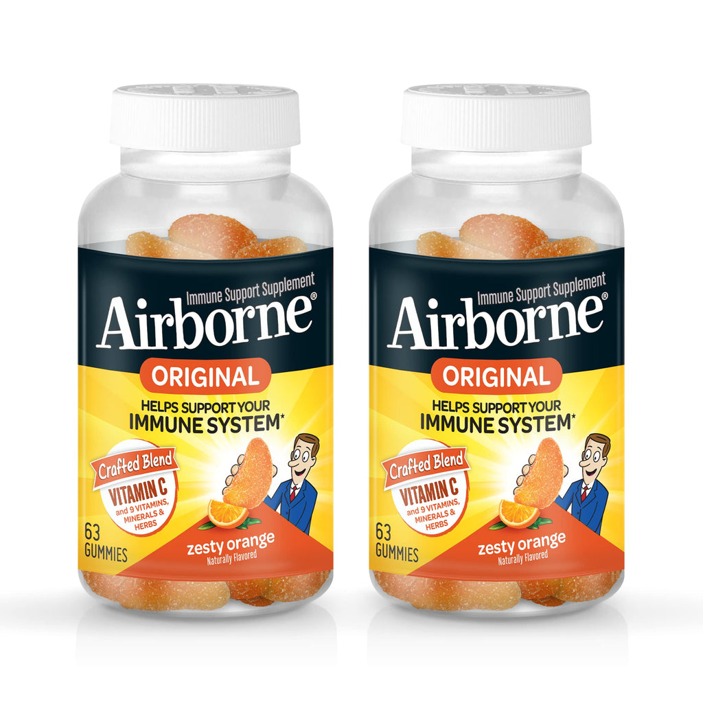 Airborne 750mg Vitamin C Immune Support Supplement Gummies for Adults, Zesty Orange Flavor, Gluten Free Crafted Blend with Powerful Antioxidants Vitamins A C & E, 63 Gummies (2 Pack)