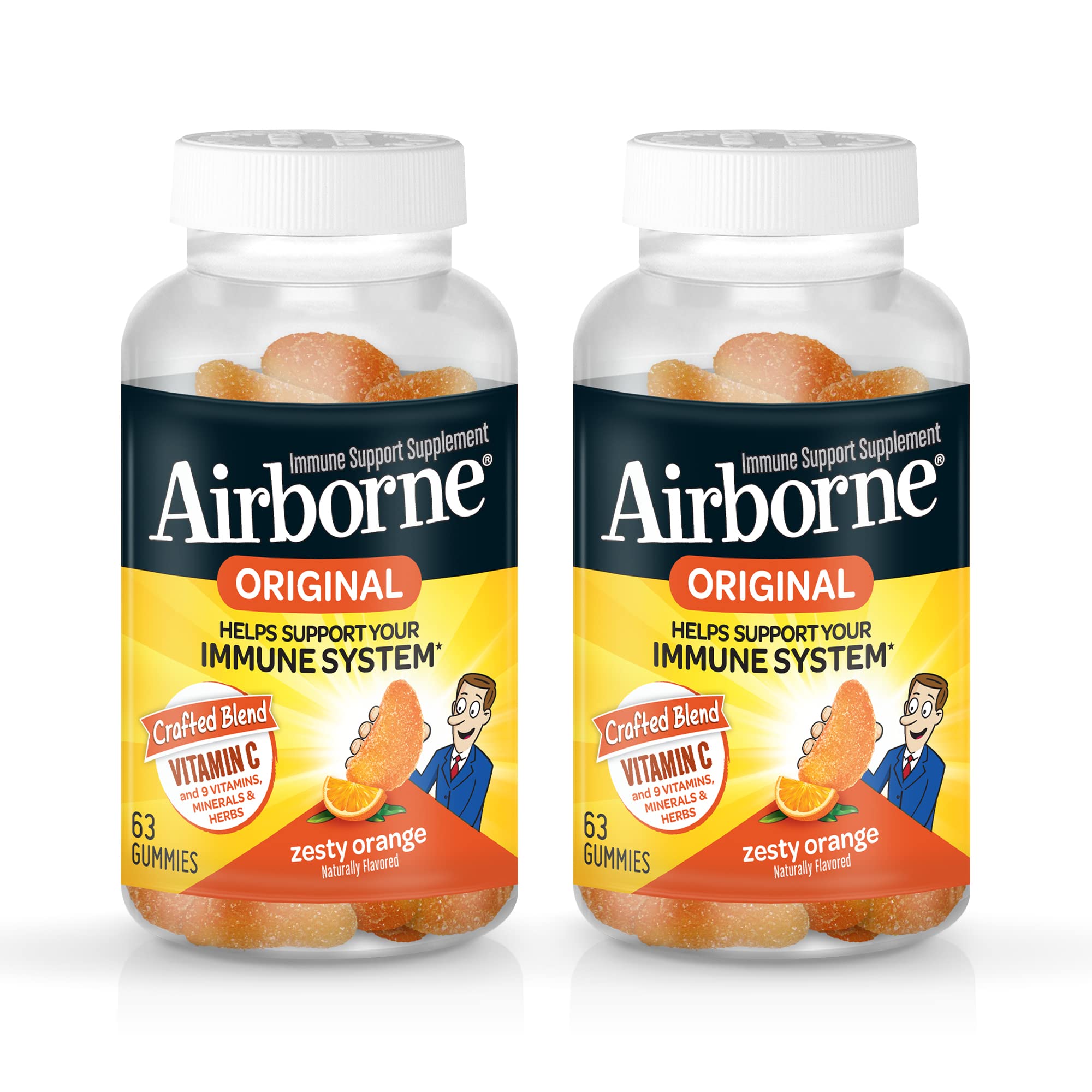 Airborne 750mg Vitamin C Immune Support Supplement Gummies for Adults, Zesty Orange Flavor, Gluten Free Crafted Blend with Powerful Antioxidants Vitamins A C & E, 63 Gummies (2 Pack)