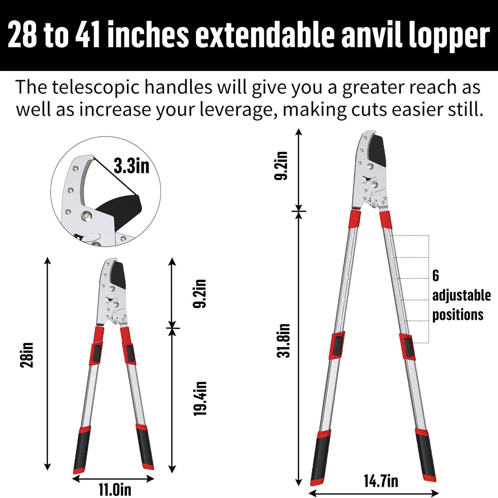 GARTOL Heavy-Duty Extendable Loppers, 28"-41" Telescopic Tree Trimmer, Double Ratcheting Branch Cutter, Anvil Lopper for Thick Branches, Cuts 2" Dry Wood