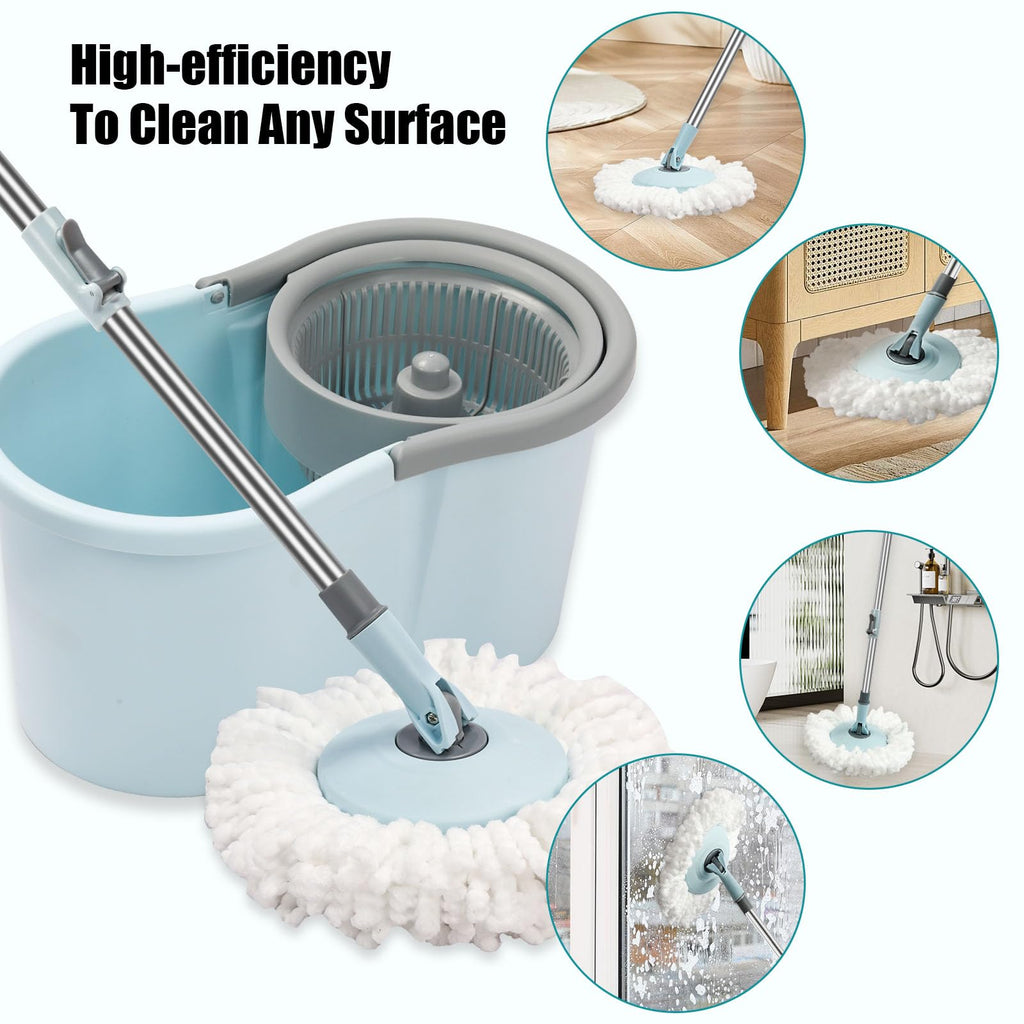 Spin Mop and Bucket with Wringer Set, 360° Spinning Mop Bucket System with 3 Microfiber Mop Replacement Heads, Adjustable Handle for Floor Cleaning (Light Blue)