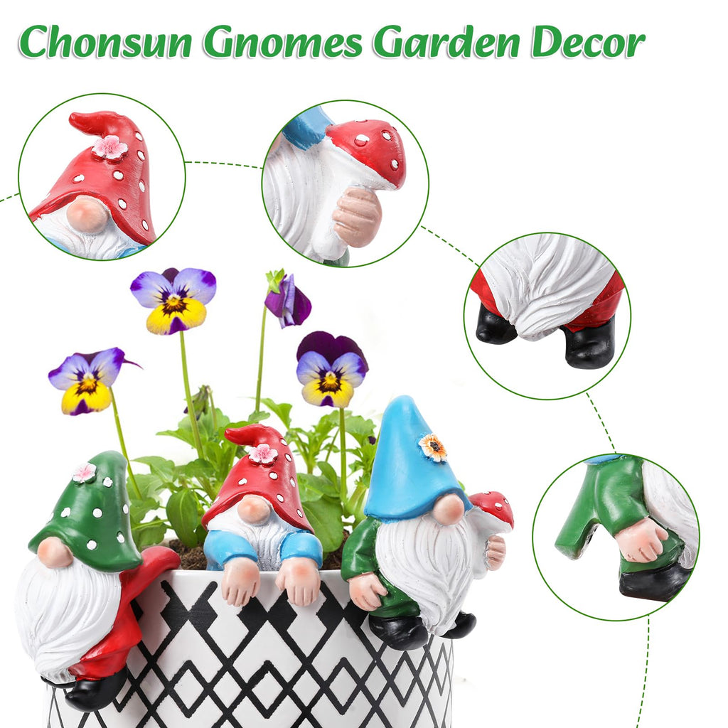 Chonsun Garden Gnomes Statue, 3 Pcs Flower Pots Hugger for Planter Decor