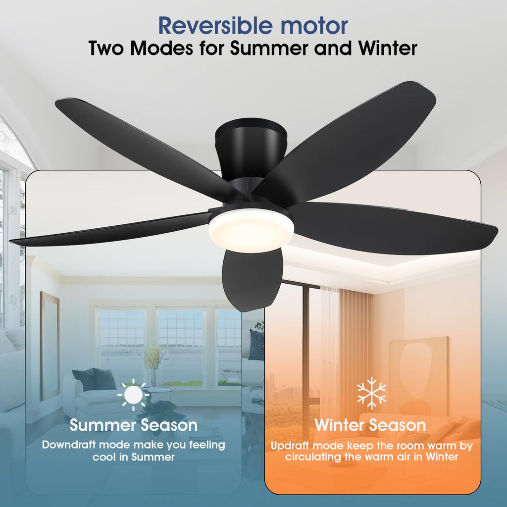 Surtime 42" Ceiling Fans with Lights-Low Profile Ceiling Fan with Light and Remote Control,Flush Mount,DC Reversible,LED Dimmable Blakc Ceiling Fans for Bedroom,Indoor/Outdoor Patio Use