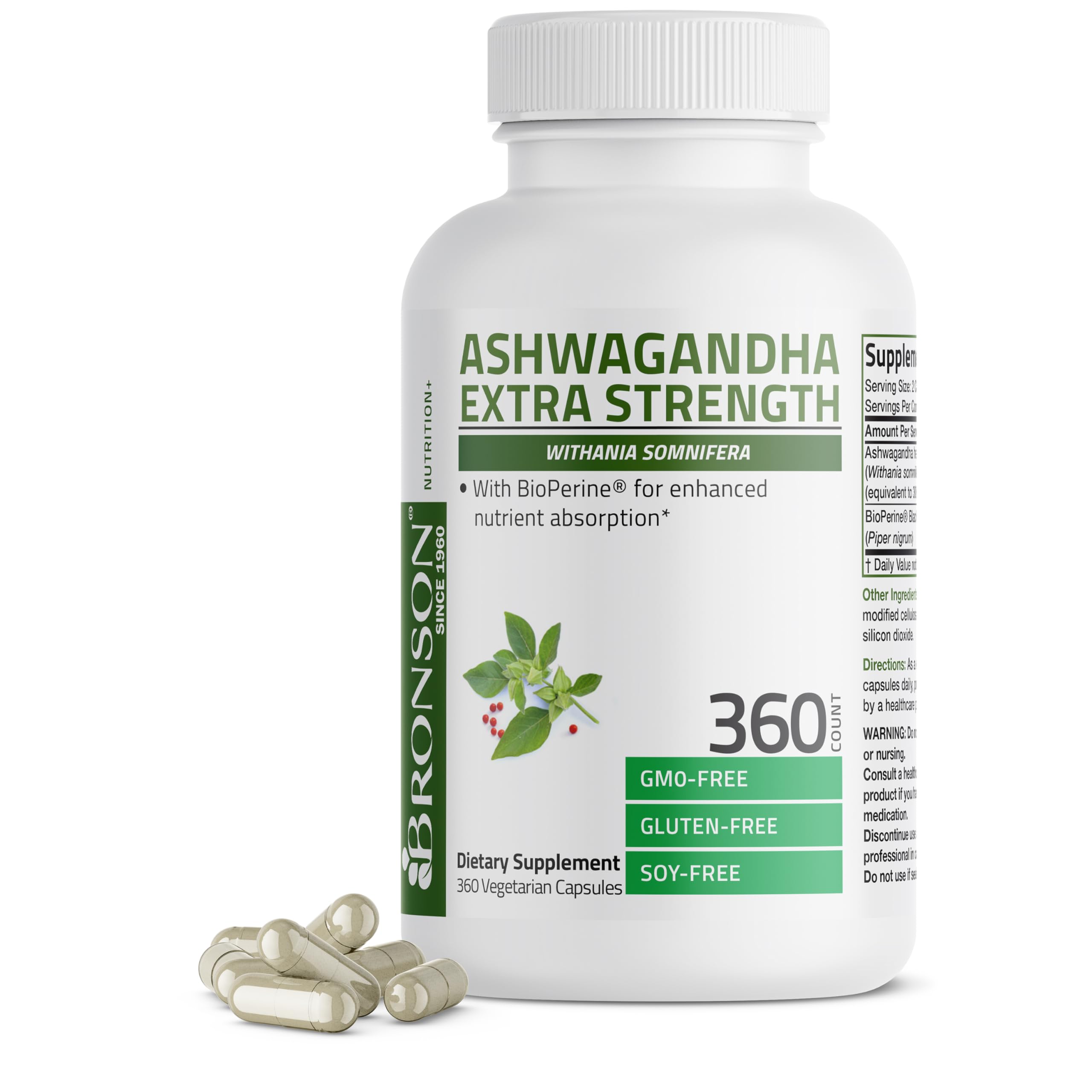 Bronson Ashwagandha Extra Strength Stress & Mood Support with BioPerine - Non GMO Formula, 360 Vegetarian Capsules