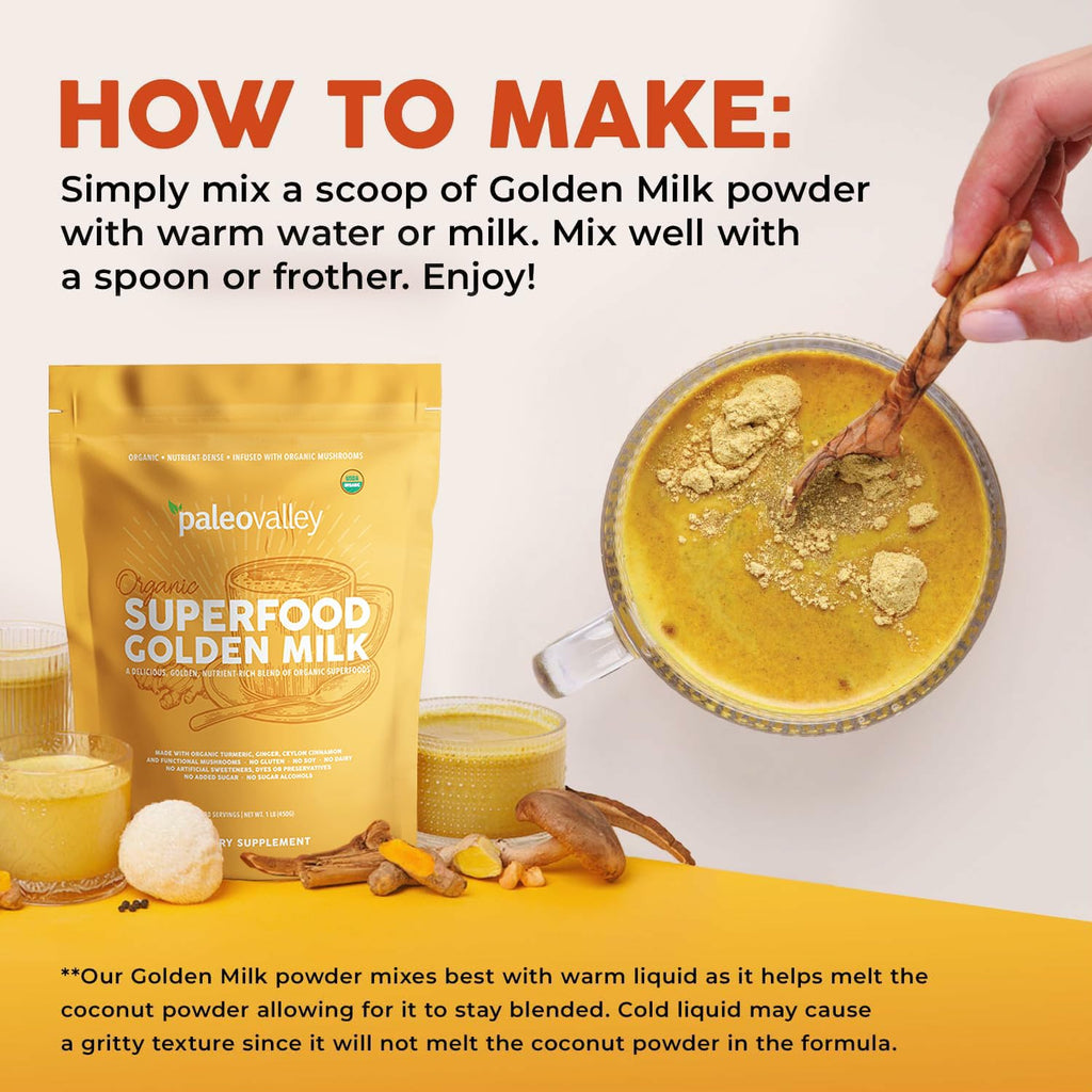 Paleovalley Organic Superfood Golden Milk - Immune, Focus, Cognitive, Longevity - Turmeric, MCT-Rich Coconut Milk, Functional Mushrooms, 30 Servings