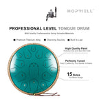 Steel Tongue Drum - HOPWELL 15 Note 14 Inch - Percussion Instrument - Hand Pan Drums with Music Book, Drum Mallets and Carry Bag, D Major, Malachite Green