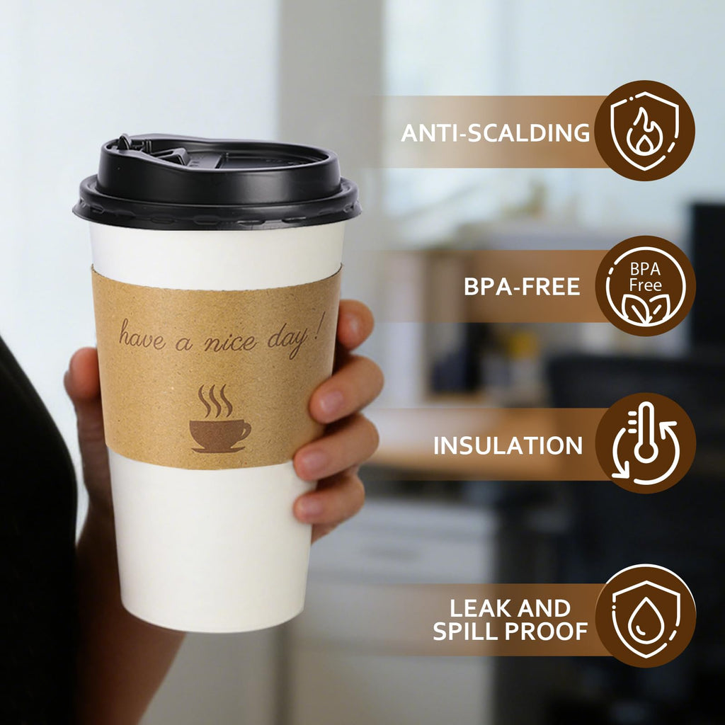 BYSNOW 20 oz 50 pack Disposable Paper Coffee Cups, Paper To Go Cups with Lids, Sleeves and Stirring Sticks, Hot Paper Cups for Home, Office and Party (White 20oz)
