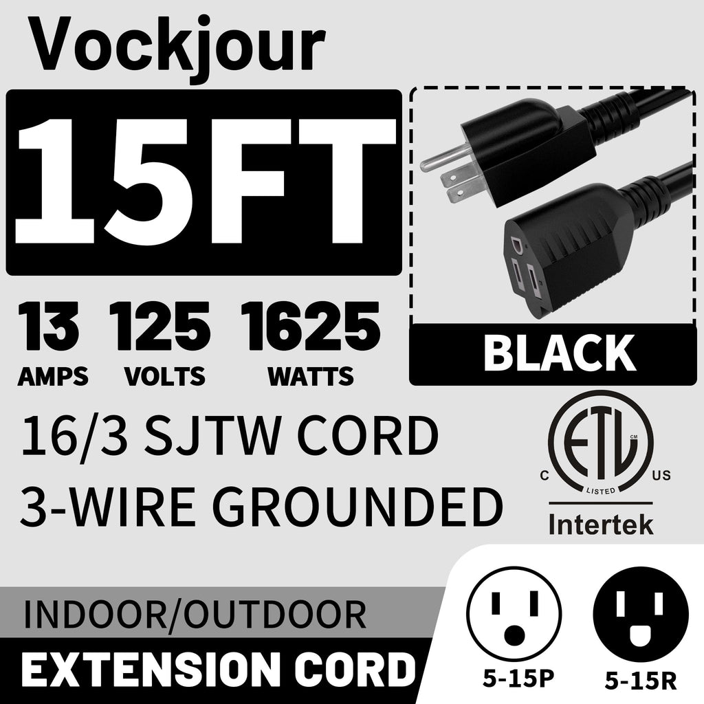 15 Ft 2Pack 13A 1625W 16AWG Black Indoor Outdoor Extension Cord Waterproof, Extension Cord with 3 Prong Grounded Plug, Flexible Weatherproof Power Cable, SJTW