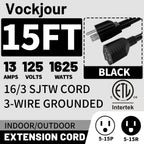 15 Ft 2Pack 13A 1625W 16AWG Black Indoor Outdoor Extension Cord Waterproof, Extension Cord with 3 Prong Grounded Plug, Flexible Weatherproof Power Cable, SJTW