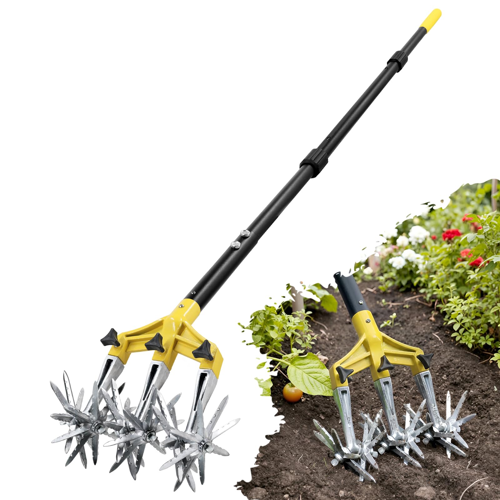 Colwelt Rotary Cultivator Garden Tool 61’’, Hand Tiller Garden Tool with Detachable Aluminum Tines, Cultivators for Gardening Soil or Reseeding Grass, Manual Cultivators & Tillers for Flowers Beds