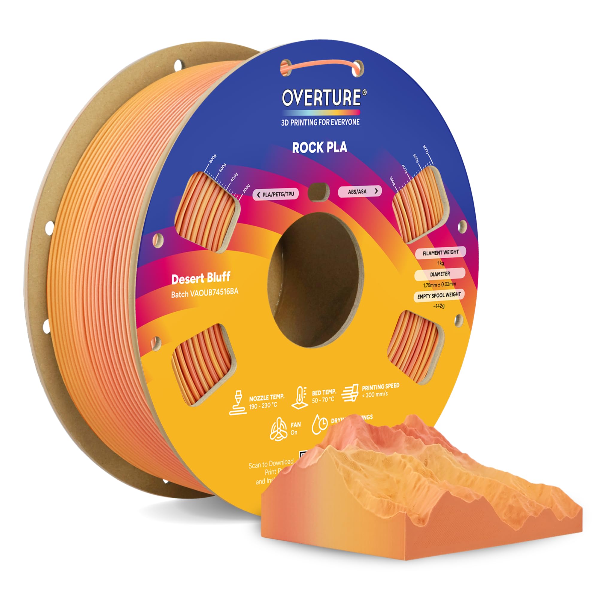 OVERTURE Rock PLA Filament 1.75mm, Marble PLA 3D Printer Filament 1kg Spool (2.2lbs), Dimensional Accuracy +/- 0.02 mm, Fit Most FDM Printer (Desert Bluff)