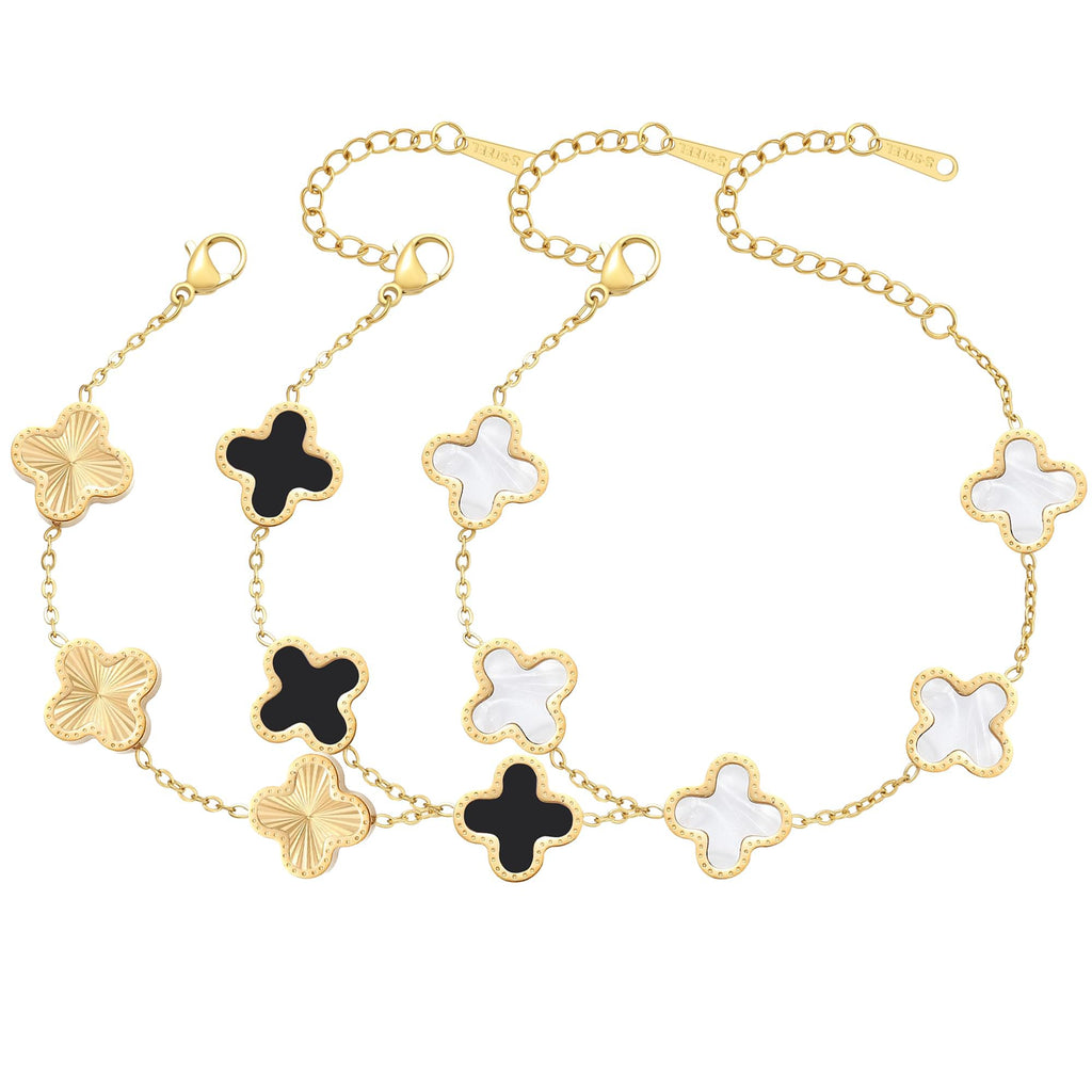 AIPPK 18K Gold Plated Clover Bracelet Set for Women Four Leaf Lucky Flower Bracelets Fashion Simple Jewelry Gifts for Women 3Pcs，white+black+gold