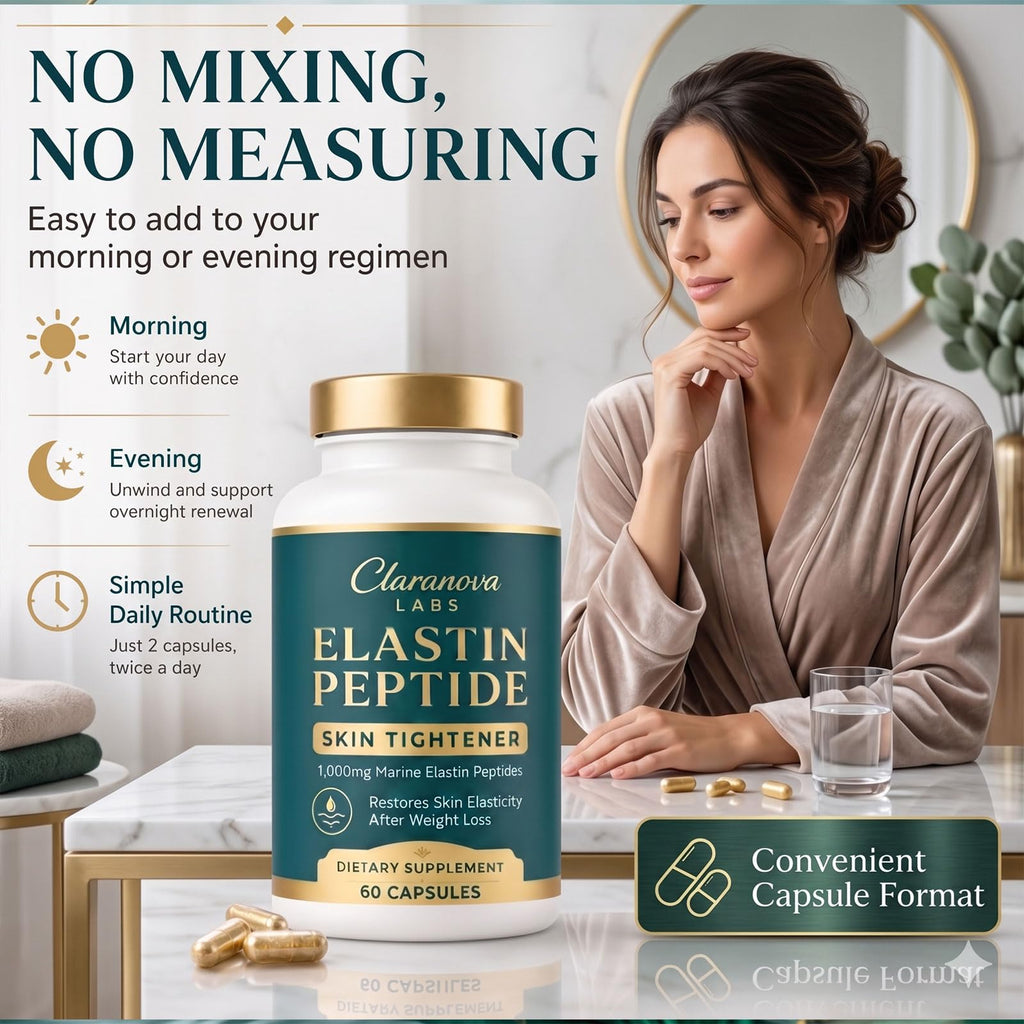 Claranova Labs Elastin Peptides, Marine Protein Complex, 1,000mg Per Serving, Skin Elasticity Support, 60 Capsules