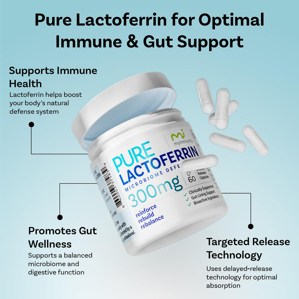 Lactoferrin 300mg Delayed Release Capsules - MyImmunity Premium Immune Support Supplement with Iron Absorption - Freeze Dried, Non-GMO, Gluten Free, Vegetarian - 60 Count (2 Month Supply)