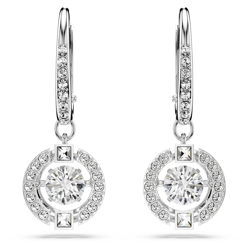 Swarovski Una Drop Pierced Earrings with Crystal Pavé Surrounding a Round, White Floating Stone on a Rhodium Finished Setting
