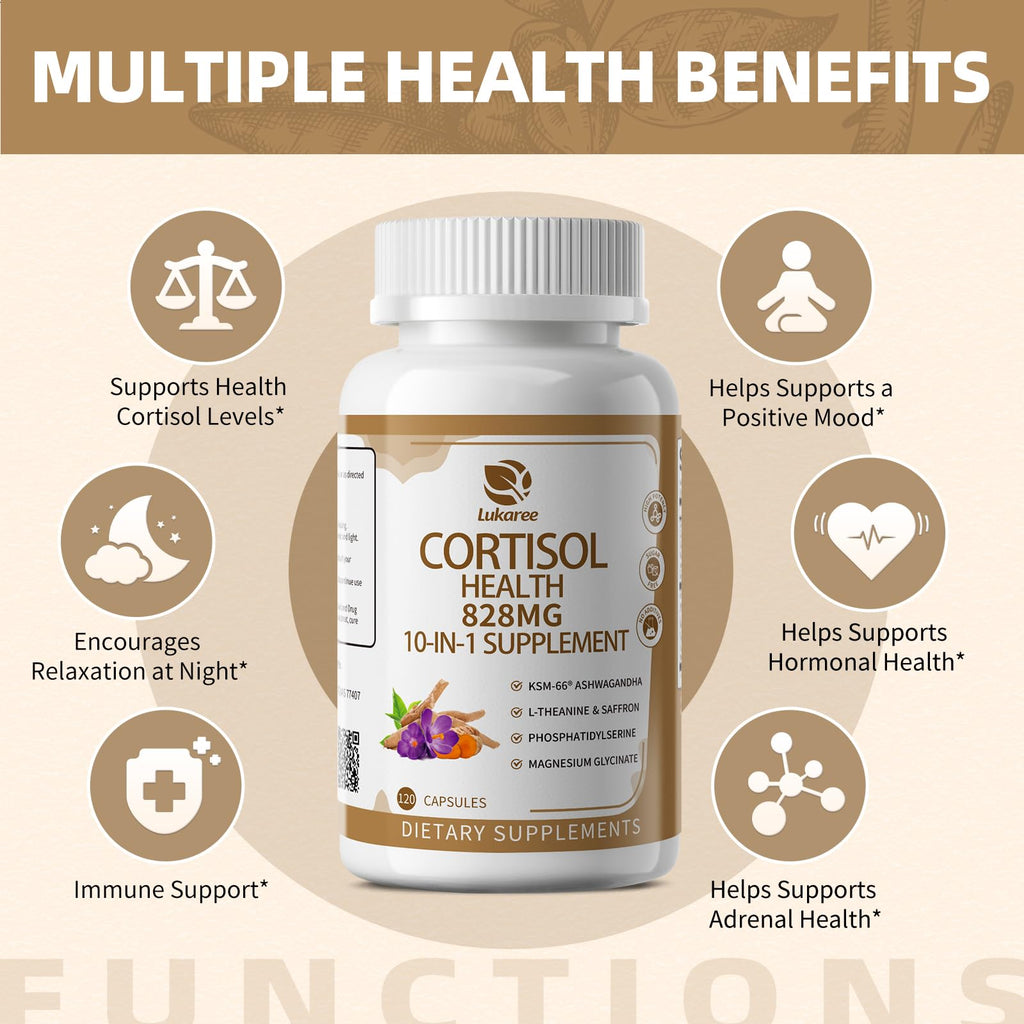 10-IN-1 Cortisol Supplements w/ KSM-66® Ashwagandha 300mg + L-Theanine 250mg, Magnesium Glycinate, Saffron, Phosphatidylserine, Turmeric & Vitamin C D3 B6 B5, For Women Men, 120 Capsules 2 Pack