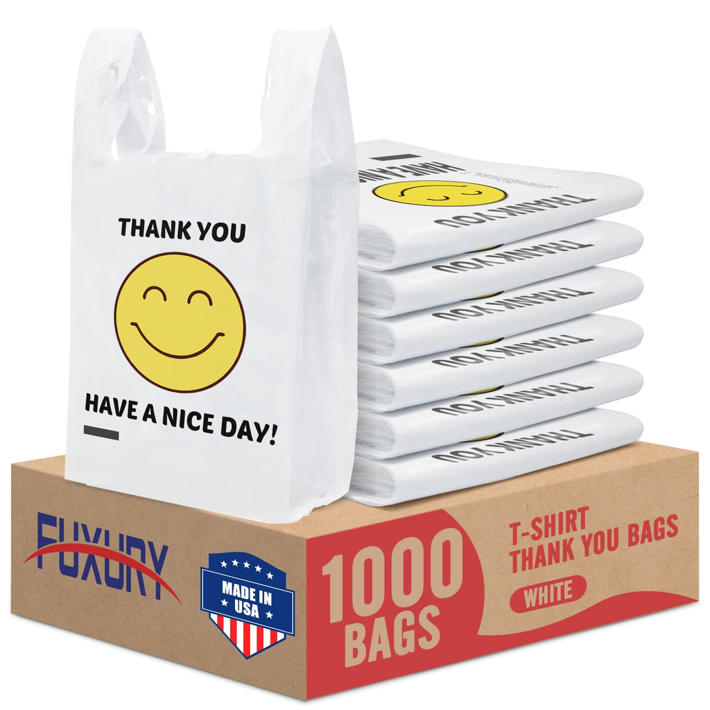 Fuxury 1000 Count Happy Smiling Face Thank You Plastic Bags with Handles