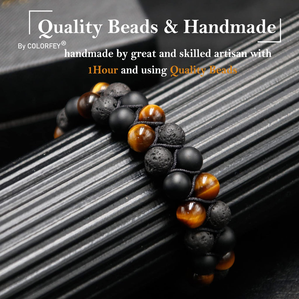 Triple Protection Bracelet for Men Women, Genuine Premium Tiger Eye Black Onyx and Lava Rock 8mm Handmade Bead Bracelet Healing Crystal Protection Bracelets Bring Luck and Prosperity and Happiness