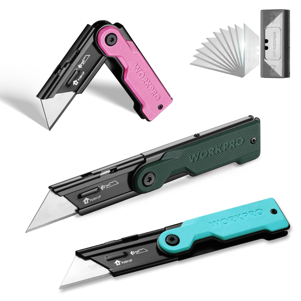 WORKPRO 3-Pack Folding Utility Knife Set, G10 Handle Box Cutter with 10 Extra SK5 Blades, Quick-Change Razor Knife with Belt Clip, EDC Utility Knife for DIY, Office, Home – Multicolor